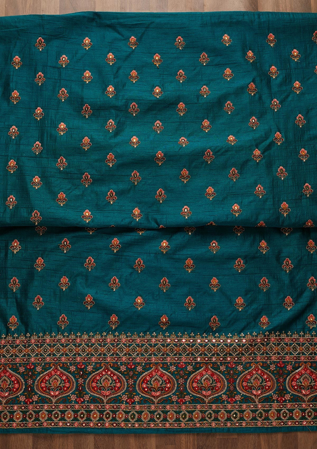 Rama Green Threadwork Raw Silk Unstitched Salwar Suit-Koskii