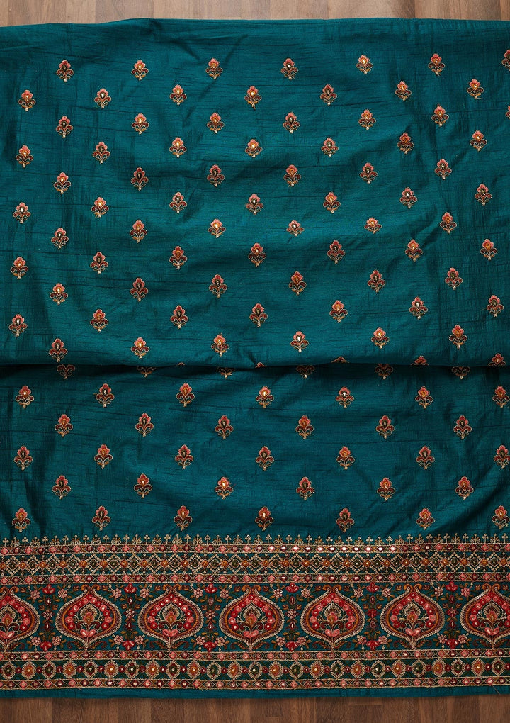 Rama Green Threadwork Raw Silk Unstitched Salwar Suit-Koskii