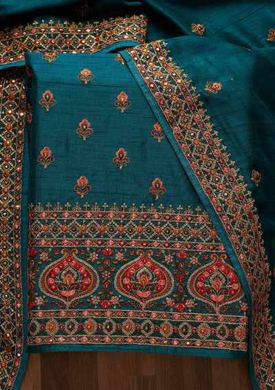 Rama Green Threadwork Raw Silk Unstitched Salwar Suit-Koskii