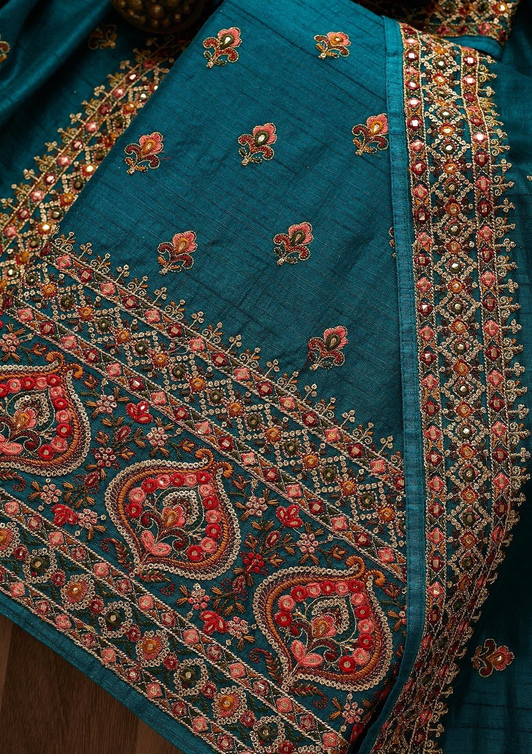 Rama Green Threadwork Raw Silk Unstitched Salwar Suit-Koskii