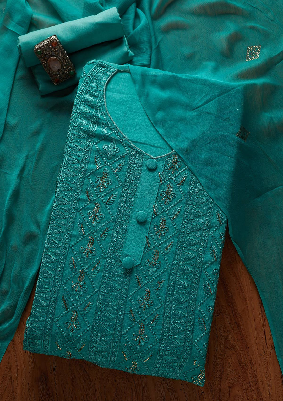 Rama Green Threadwork Semi Crepe Designer Unstitched Salwar Suit - koskii