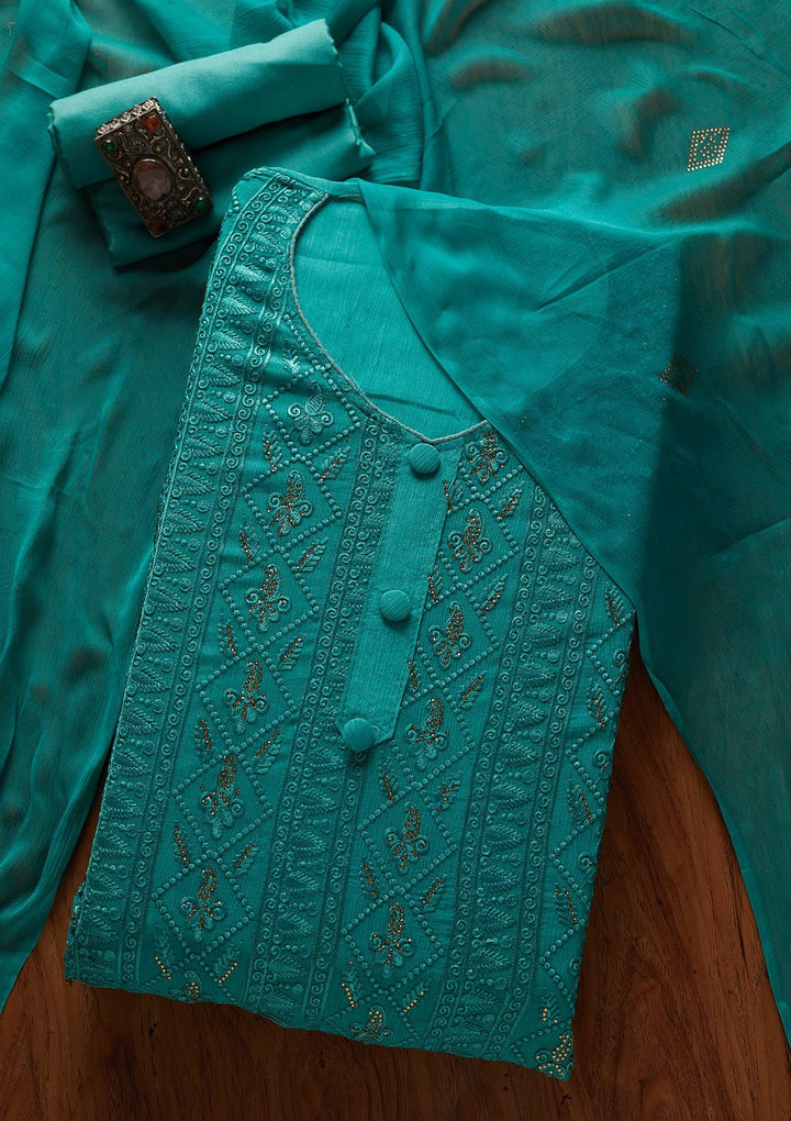Rama Green Threadwork Semi Crepe Designer Unstitched Salwar Suit - koskii