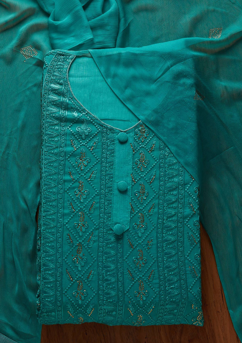 Rama Green Threadwork Semi Crepe Designer Unstitched Salwar Suit - koskii