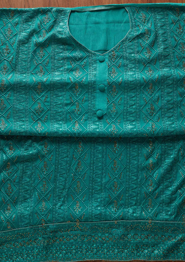 Rama Green Threadwork Semi Crepe Designer Unstitched Salwar Suit - koskii