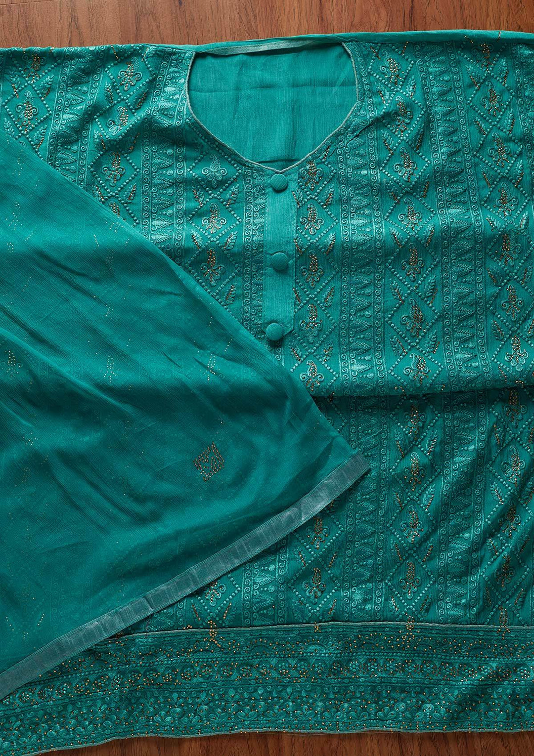 Rama Green Threadwork Semi Crepe Designer Unstitched Salwar Suit - koskii
