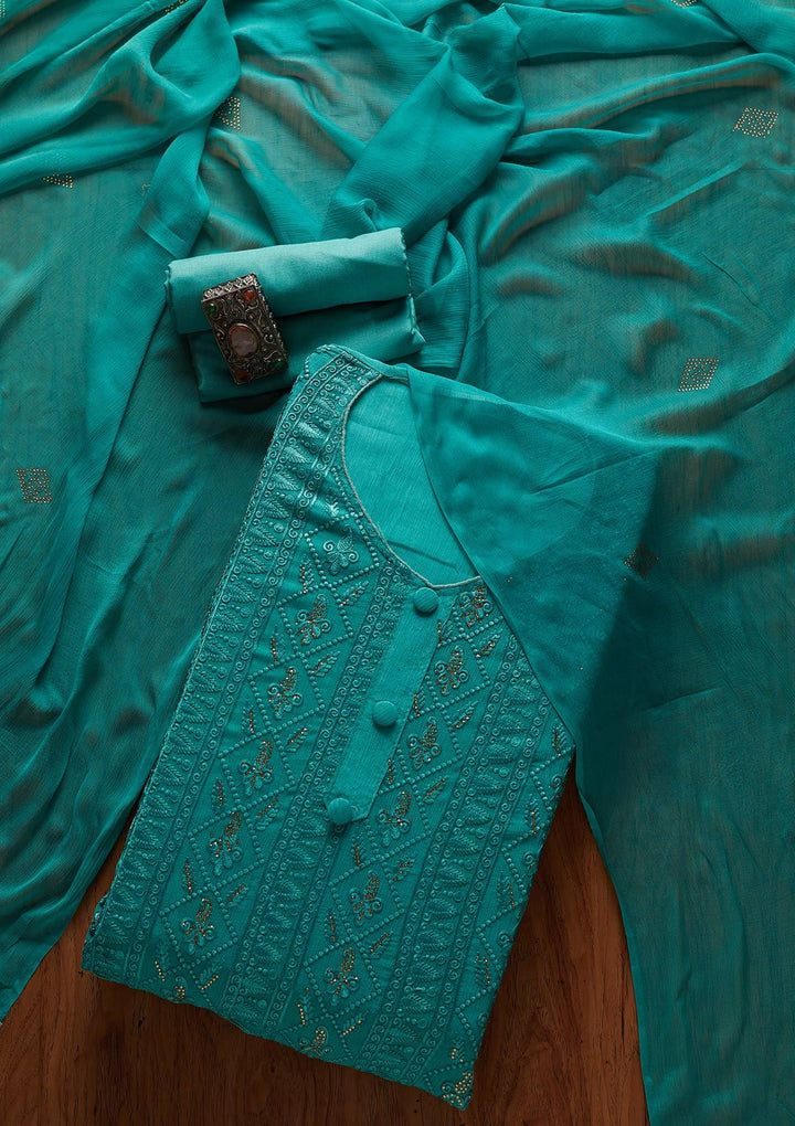 Rama Green Threadwork Semi Crepe Designer Unstitched Salwar Suit - koskii