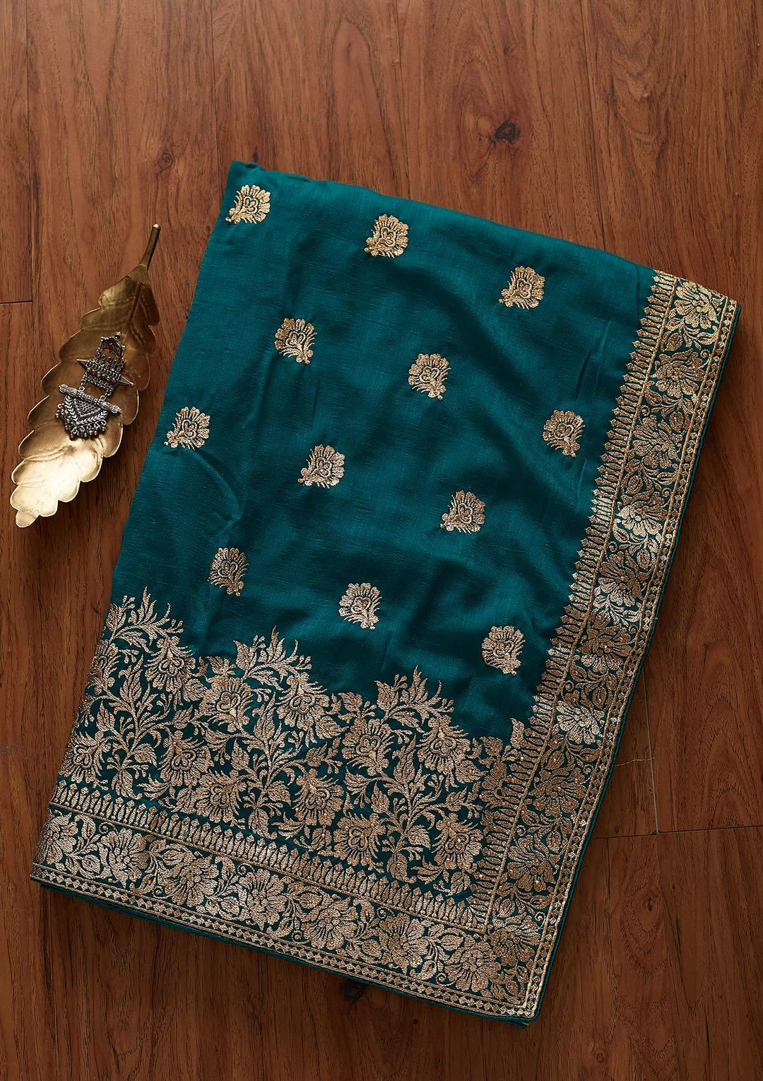 Rama Green Zariwork Art Silk Designer Saree - koskii