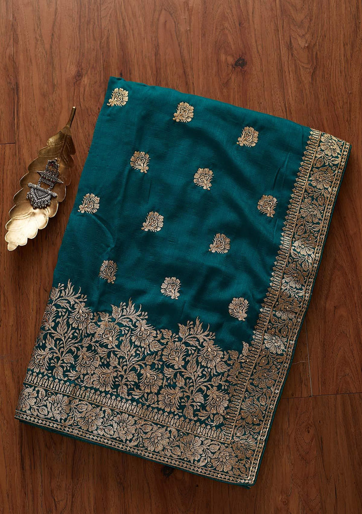 Rama Green Zariwork Art Silk Designer Saree - koskii
