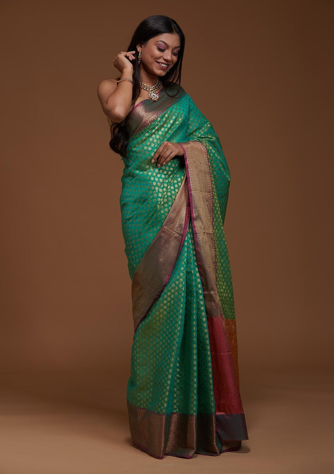 Rama Green Zariwork Art Silk Saree-Koskii