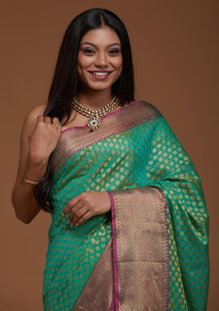 Rama Green Zariwork Art Silk Saree-Koskii