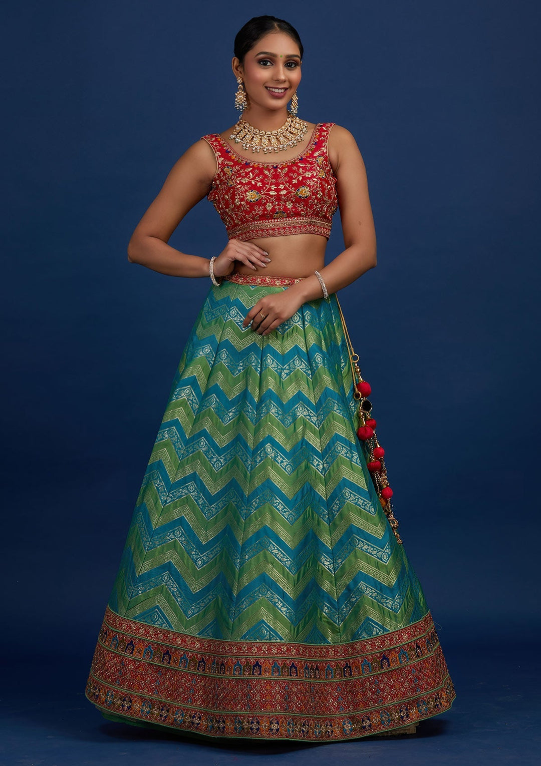 Rama Green Zariwork Banarasi Designer Semi-Stitched Lehenga - Koskii