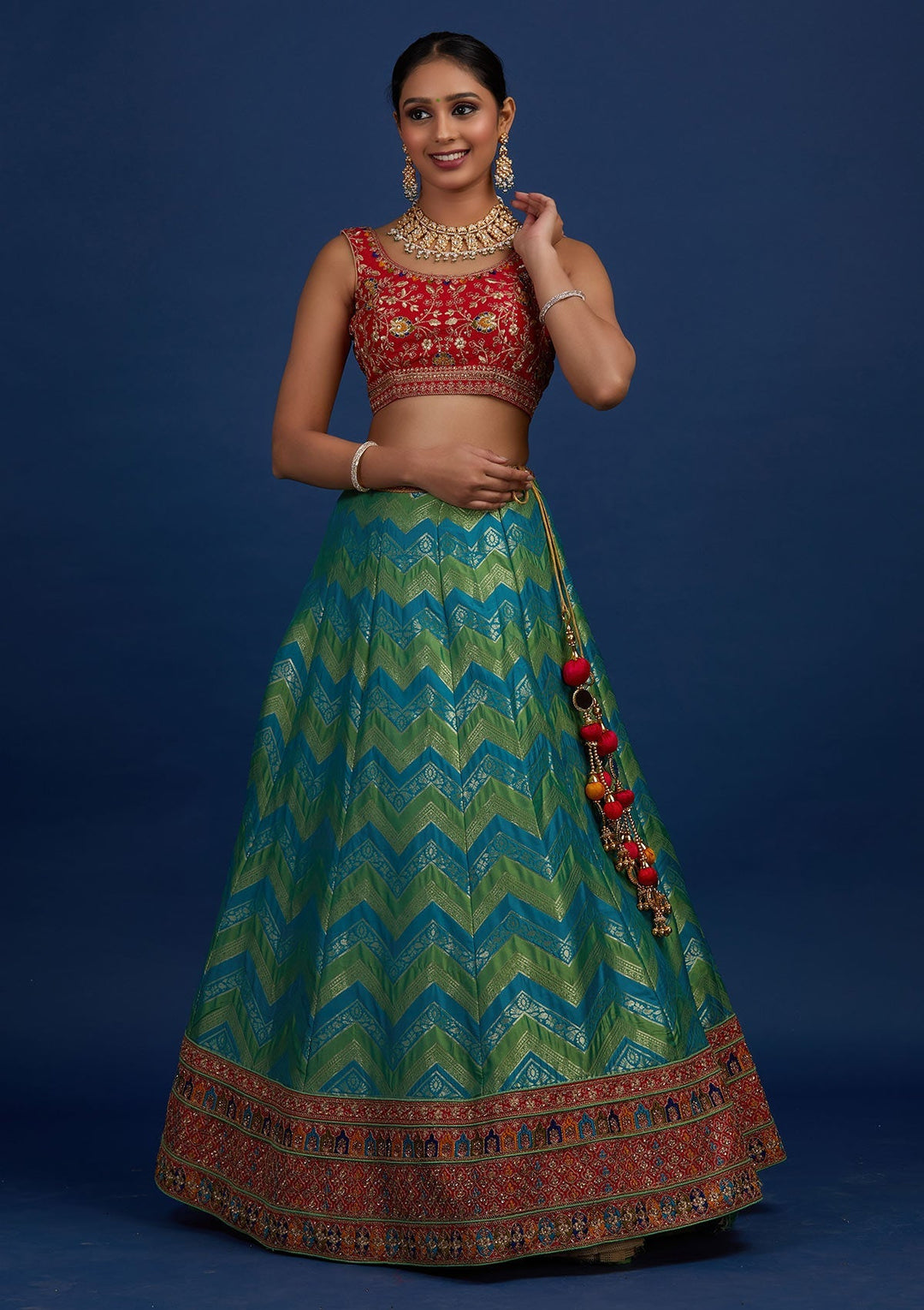 Rama Green Zariwork Banarasi Designer Semi-Stitched Lehenga - Koskii