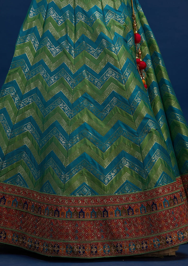 Rama Green Zariwork Banarasi Designer Semi-Stitched Lehenga - Koskii