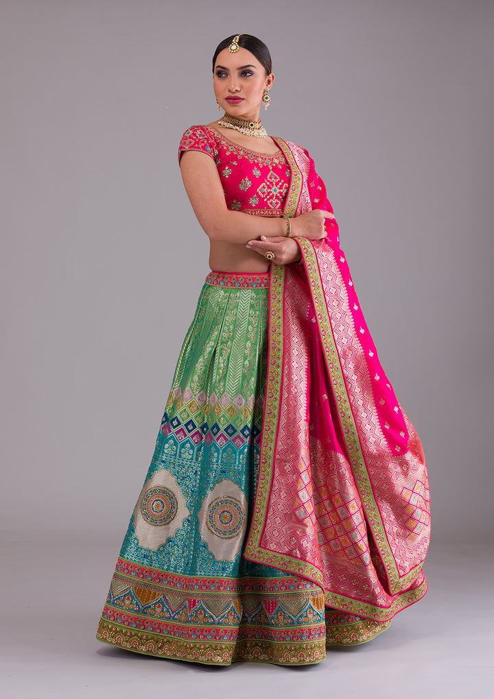 Rama Green Zariwork Banarasi Semi Stitched Lehenga-Koskii