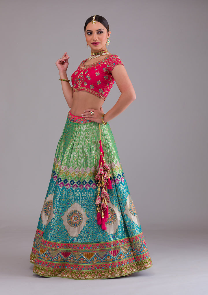 Rama Green Zariwork Banarasi Semi Stitched Lehenga-Koskii