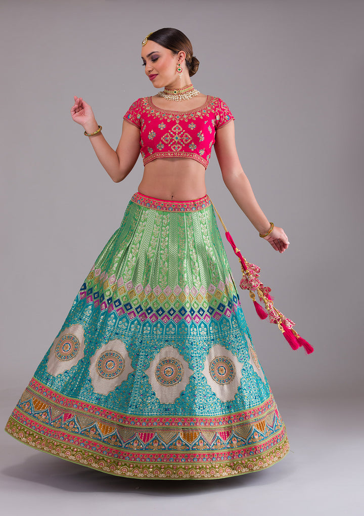 Rama Green Zariwork Banarasi Semi Stitched Lehenga-Koskii