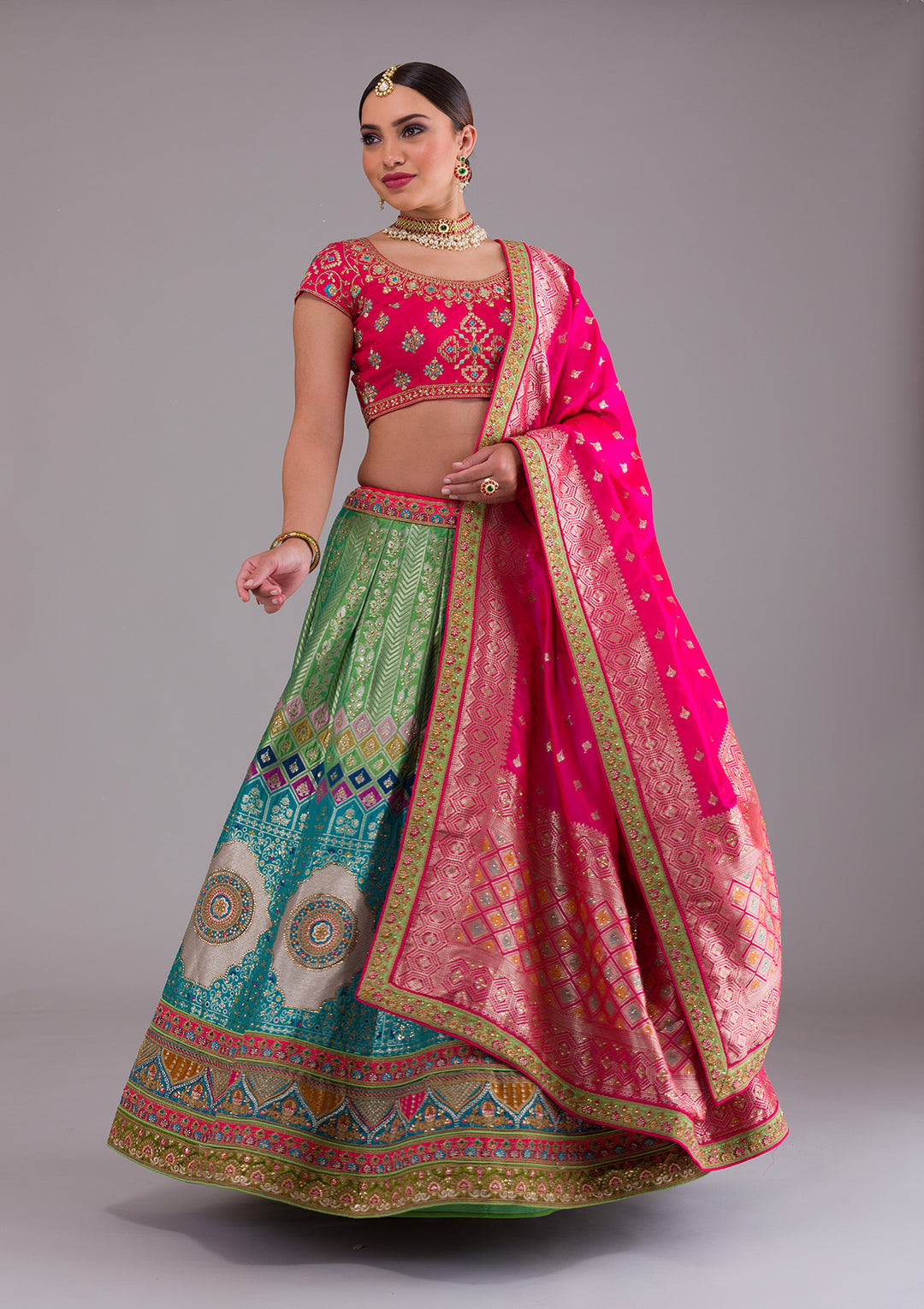 Rama Green Zariwork Banarasi Semi Stitched Lehenga-Koskii