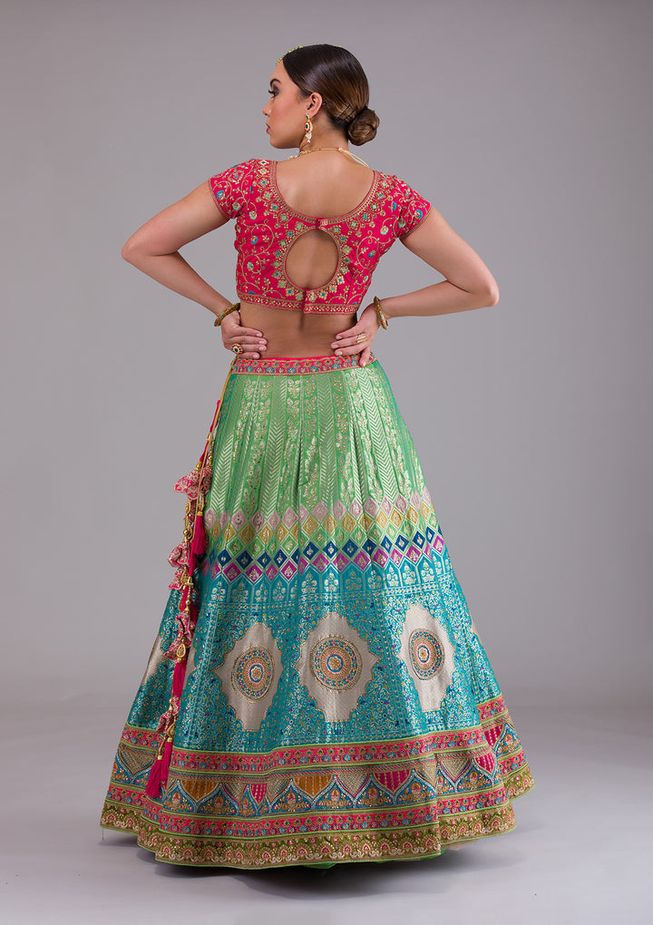 Rama Green Zariwork Banarasi Semi Stitched Lehenga-Koskii