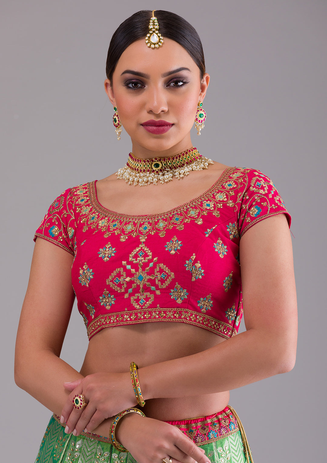 Rama Green Zariwork Banarasi Semi Stitched Lehenga-Koskii