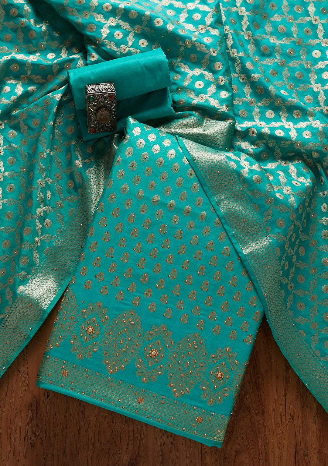 Rama Green Zariwork Banarasi Designer Unstitched Salwar Suit - koskii