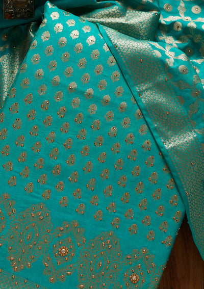 Rama Green Zariwork Banarasi Designer Unstitched Salwar Suit - koskii
