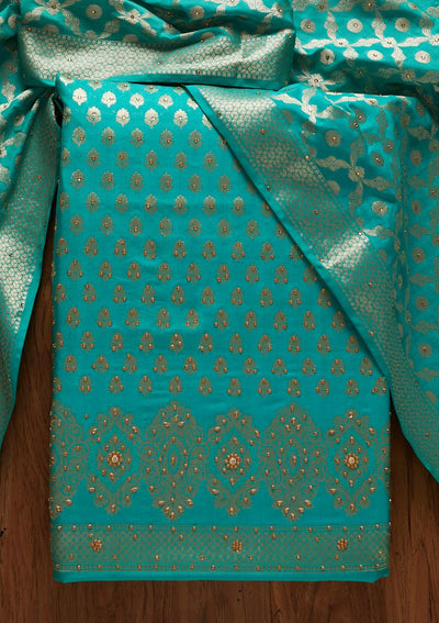 Rama Green Zariwork Banarasi Designer Unstitched Salwar Suit - koskii