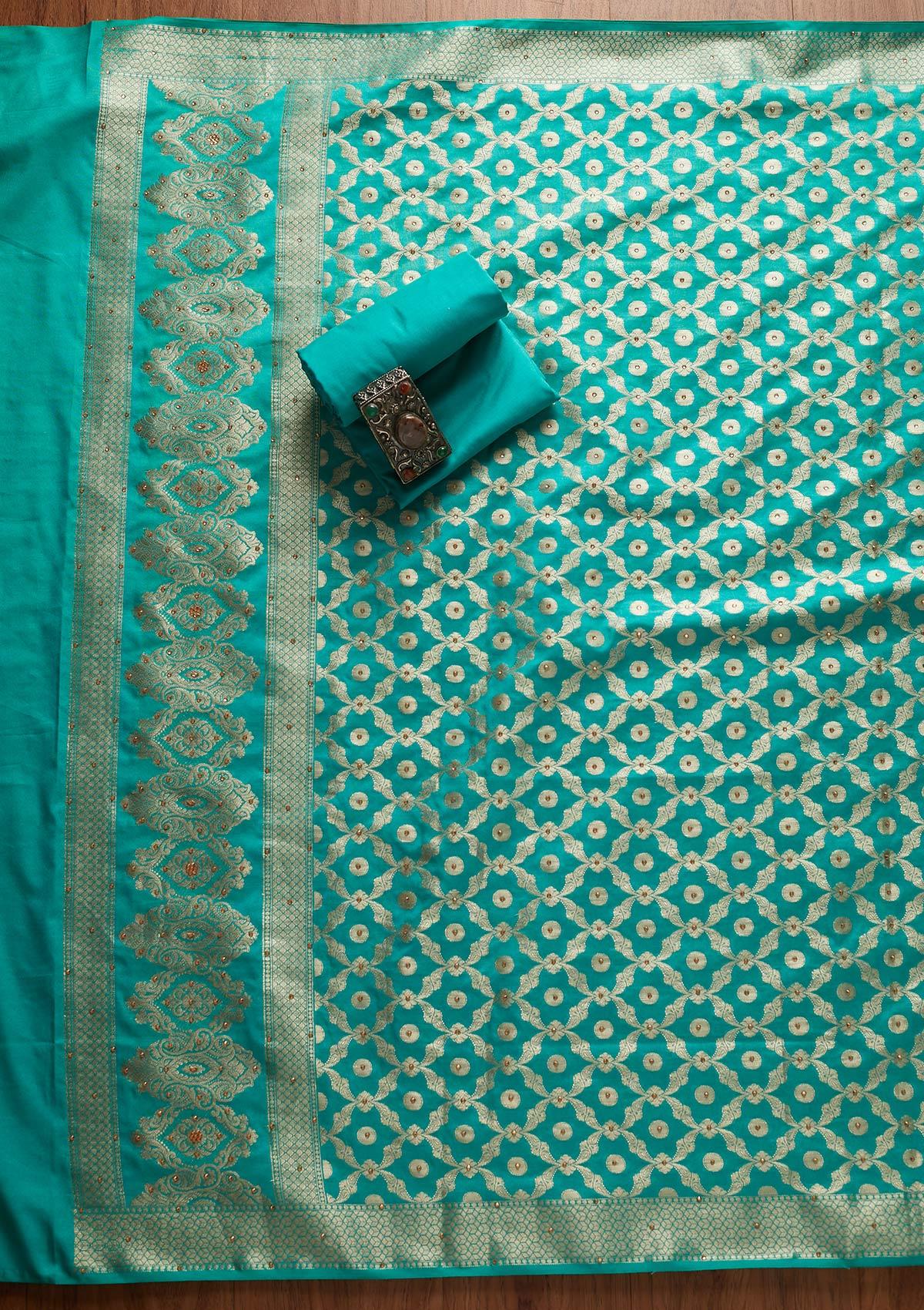 Rama Green Zariwork Banarasi Designer Unstitched Salwar Suit - koskii