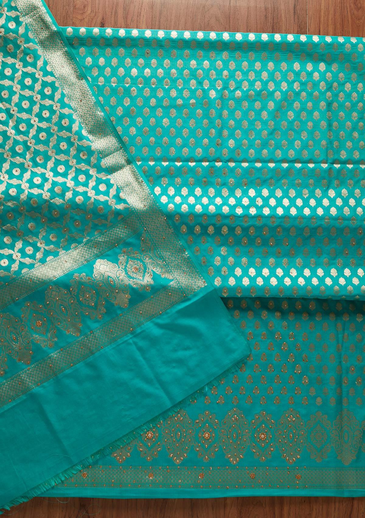 Rama Green Zariwork Banarasi Designer Unstitched Salwar Suit - koskii