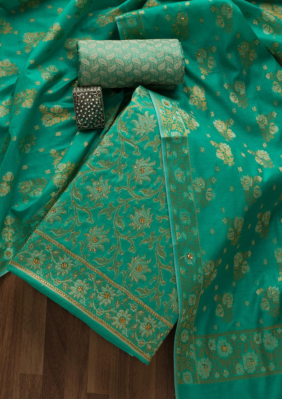 Rama Green Zariwork Banarasi Unstitched Salwar Suit-Koskii