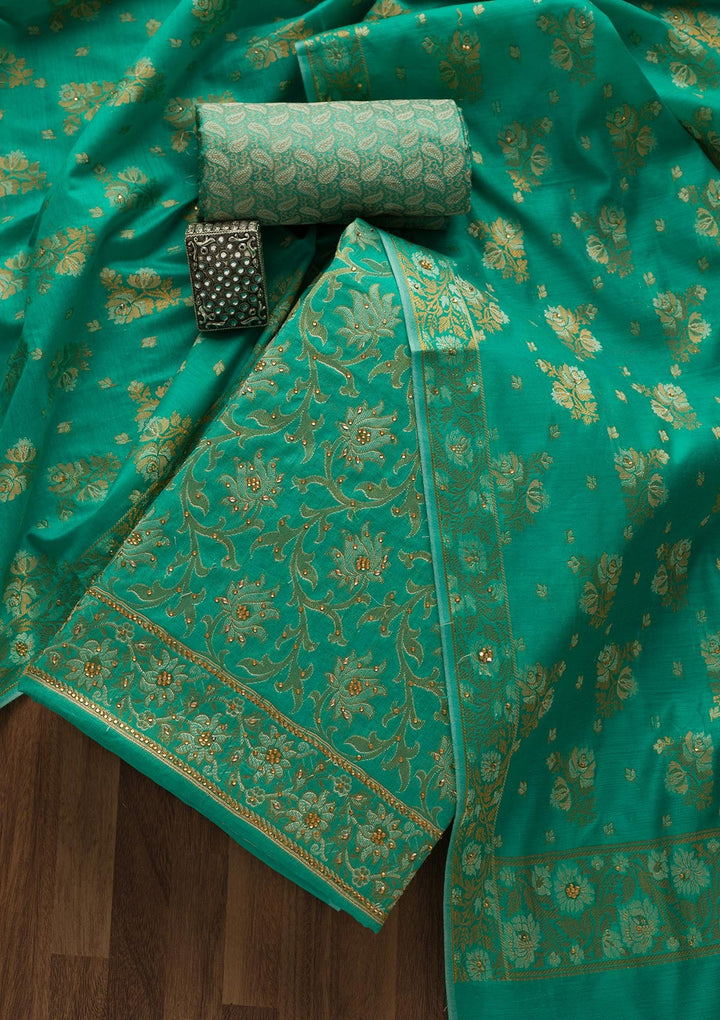Rama Green Zariwork Banarasi Unstitched Salwar Suit-Koskii