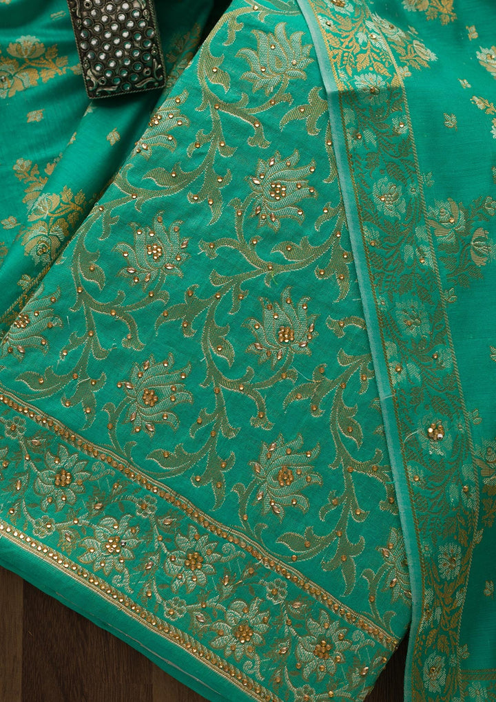 Rama Green Zariwork Banarasi Unstitched Salwar Suit-Koskii