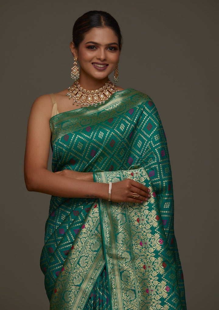 Rama Green Zariwork Banarasi Designer Saree - Koskii