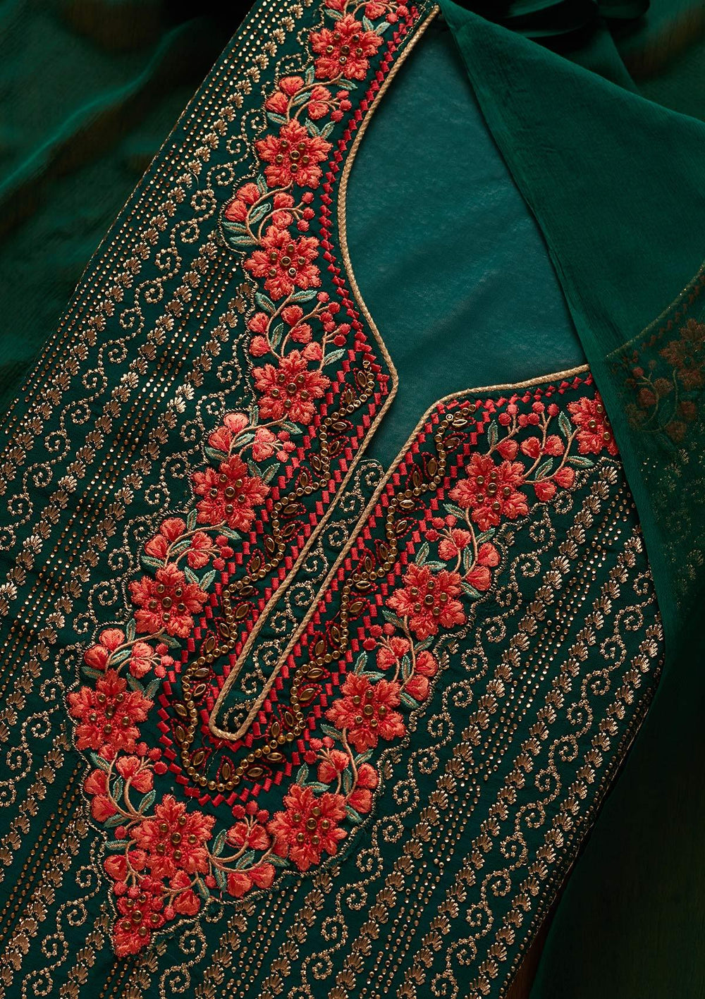 Rama Green Zariwork Georgette Designer Unstitched Salwar Suit - koskii