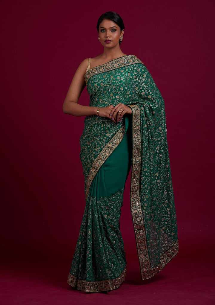 Rama Green Zariwork Georgette Designer Saree - Koskii