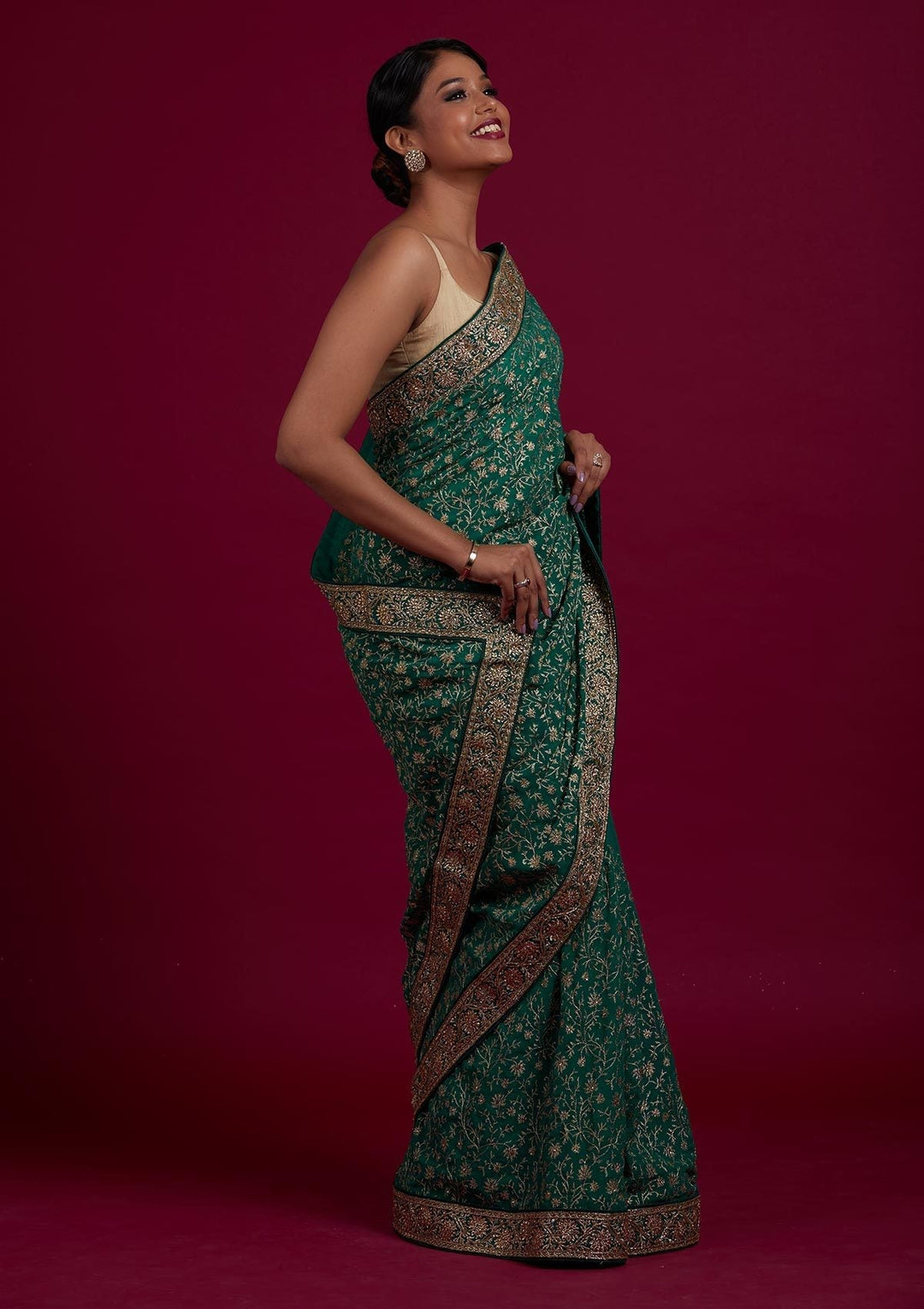 Rama Green Zariwork Georgette Designer Saree - Koskii