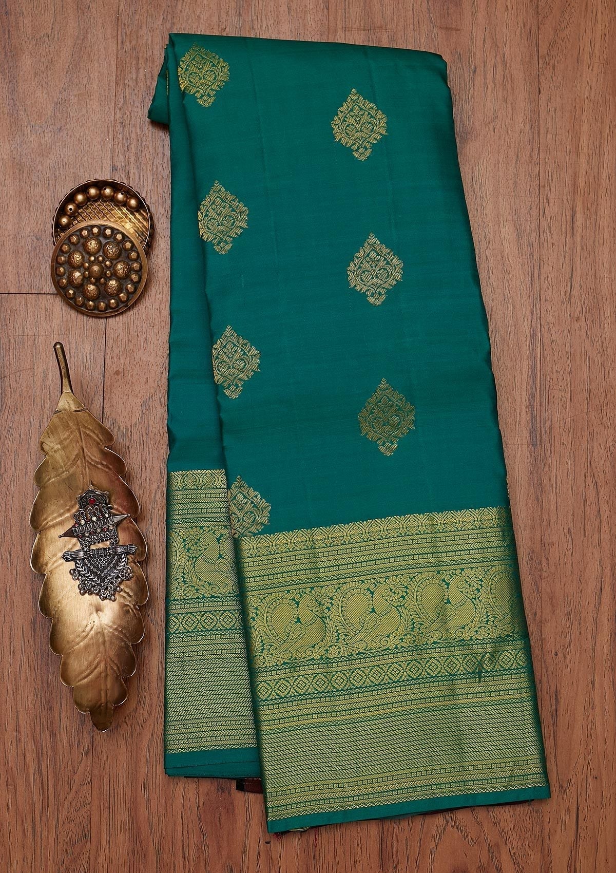 Rama Green Zariwork Pure Silk Designer Unstitched Saree - Koskii