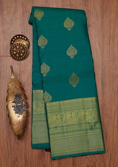 Rama Green Zariwork Pure Silk Designer Unstitched Saree - Koskii