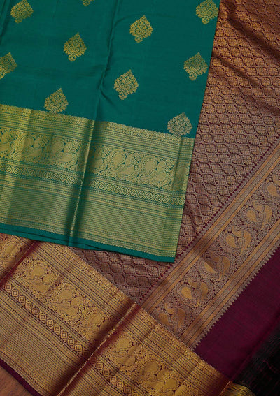 Rama Green Zariwork Pure Silk Designer Unstitched Saree - Koskii