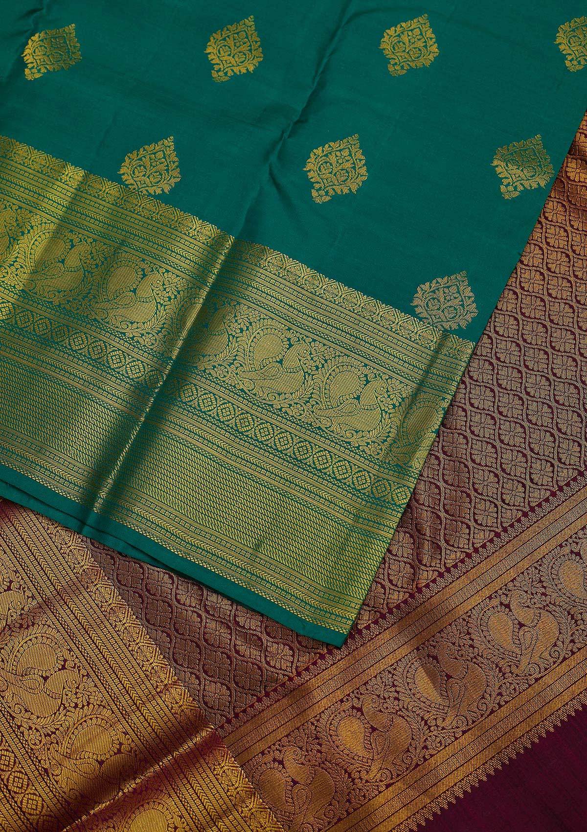 Rama Green Zariwork Pure Silk Designer Unstitched Saree - Koskii