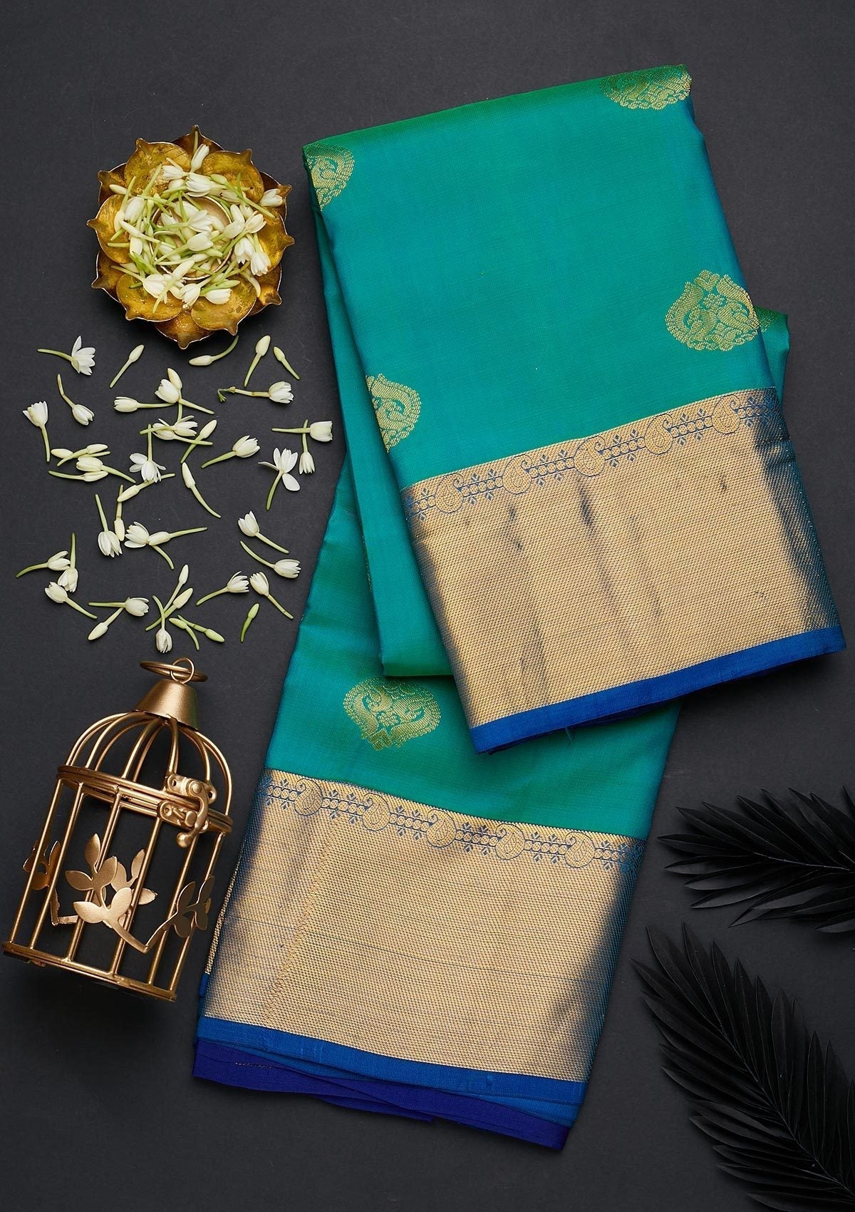 Rama Green Zariwork Pure Silk Designer Saree - Koskii