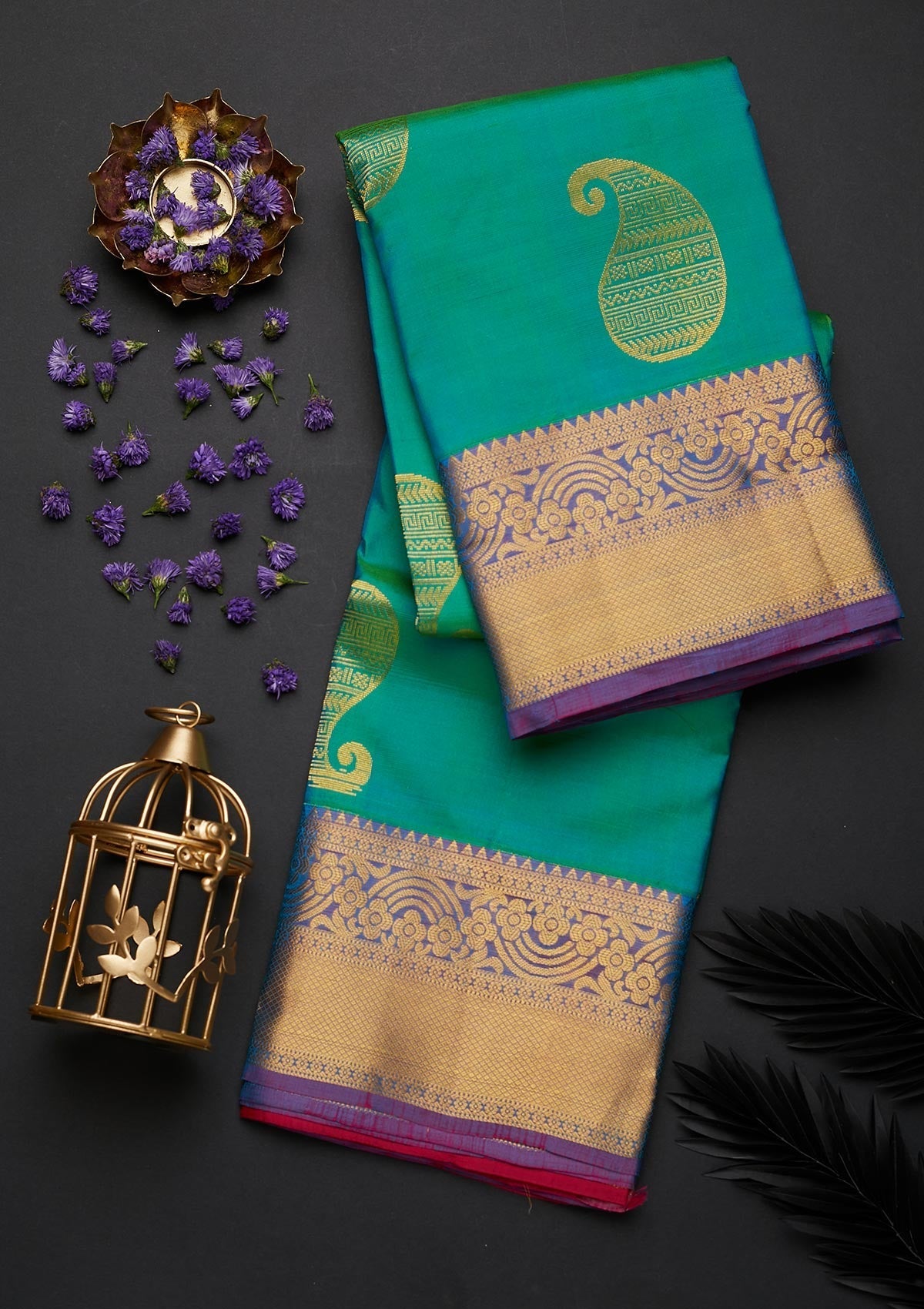 Rama Green Zariwork Pure Silk Designer Saree - Koskii