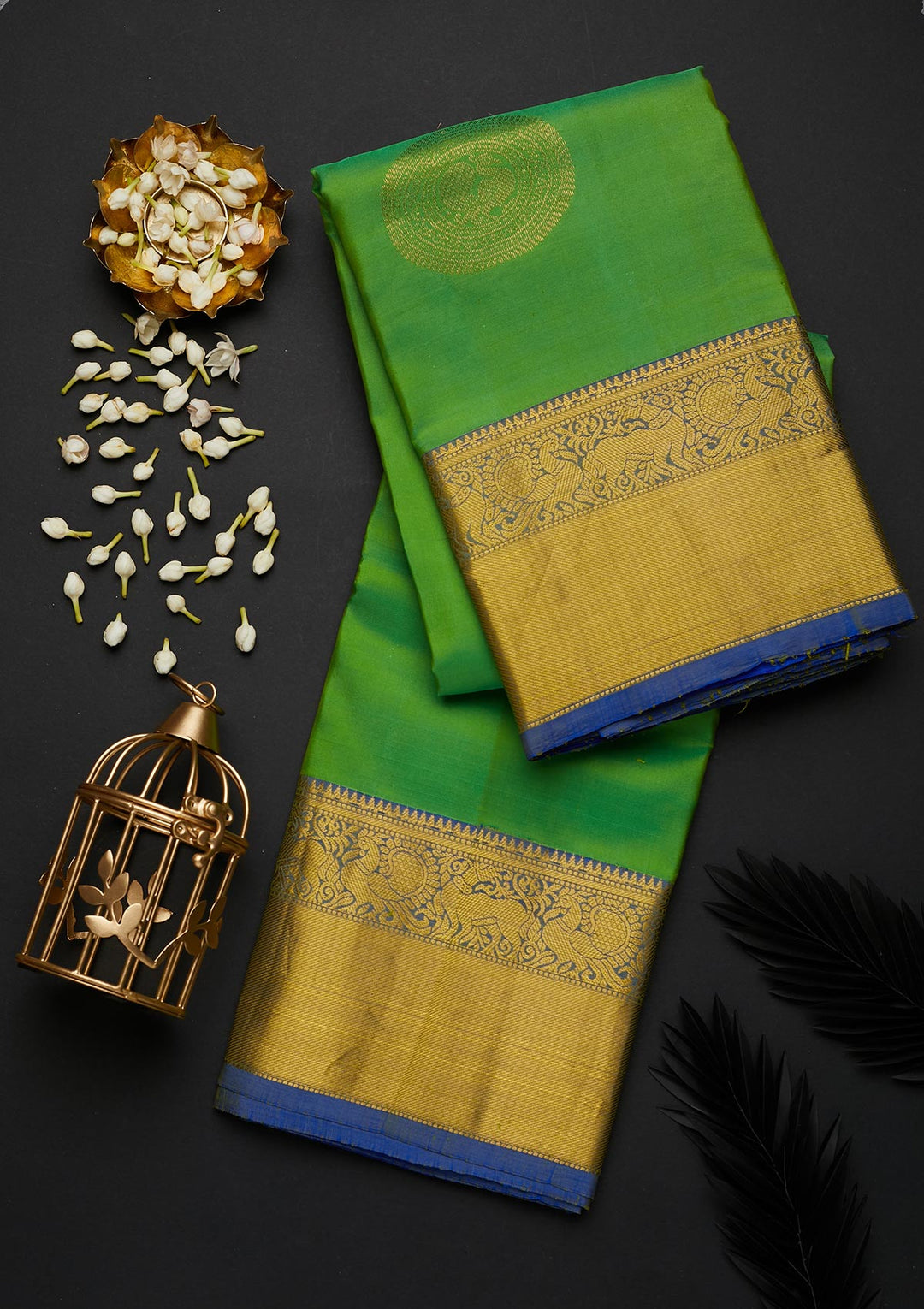 Rama Green Zariwork Pure Silk Designer Saree - Koskii
