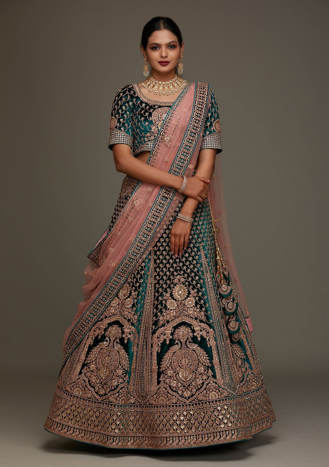 Rama Green Zariwork Velvet Designer Semi-Stitched Lehenga - Koskii