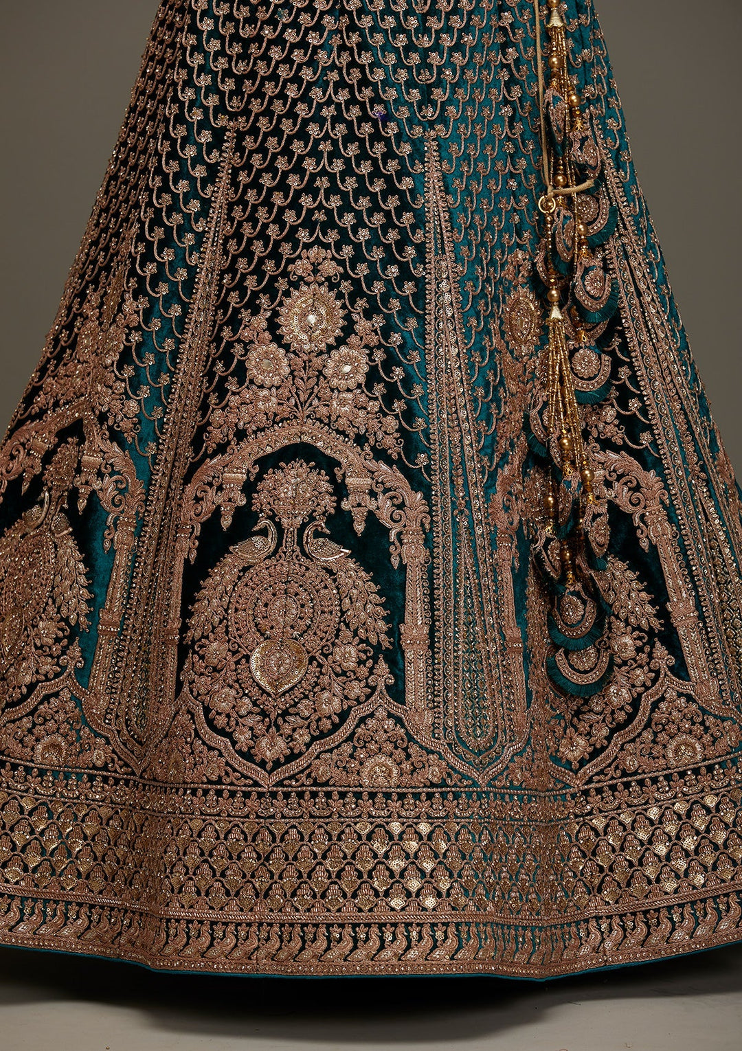 Rama Green Zariwork Velvet Designer Semi-Stitched Lehenga - Koskii