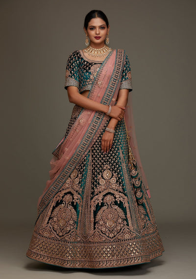 Rama Green Zariwork Velvet Designer Semi-Stitched Lehenga - Koskii