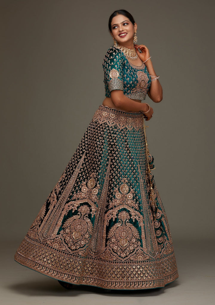 Rama Green Zariwork Velvet Designer Semi-Stitched Lehenga - Koskii