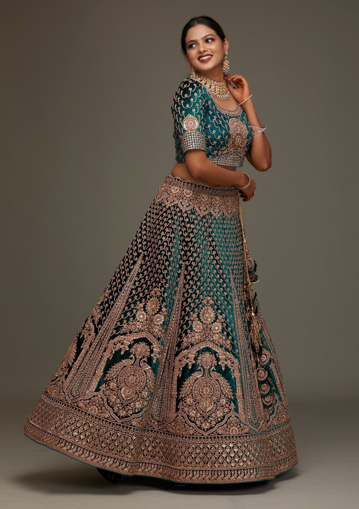 Rama Green Zariwork Velvet Designer Semi-Stitched Lehenga - Koskii