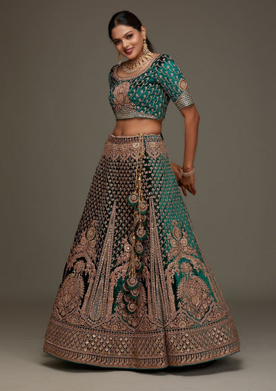 Rama Green Zariwork Velvet Designer Semi-Stitched Lehenga - Koskii