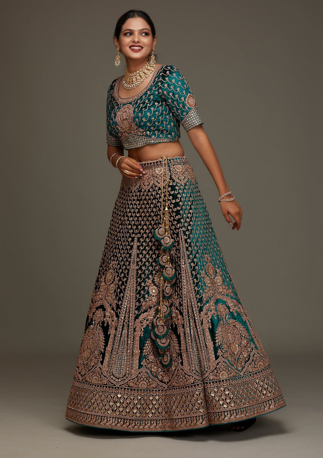 Rama Green Zariwork Velvet Designer Semi-Stitched Lehenga - Koskii