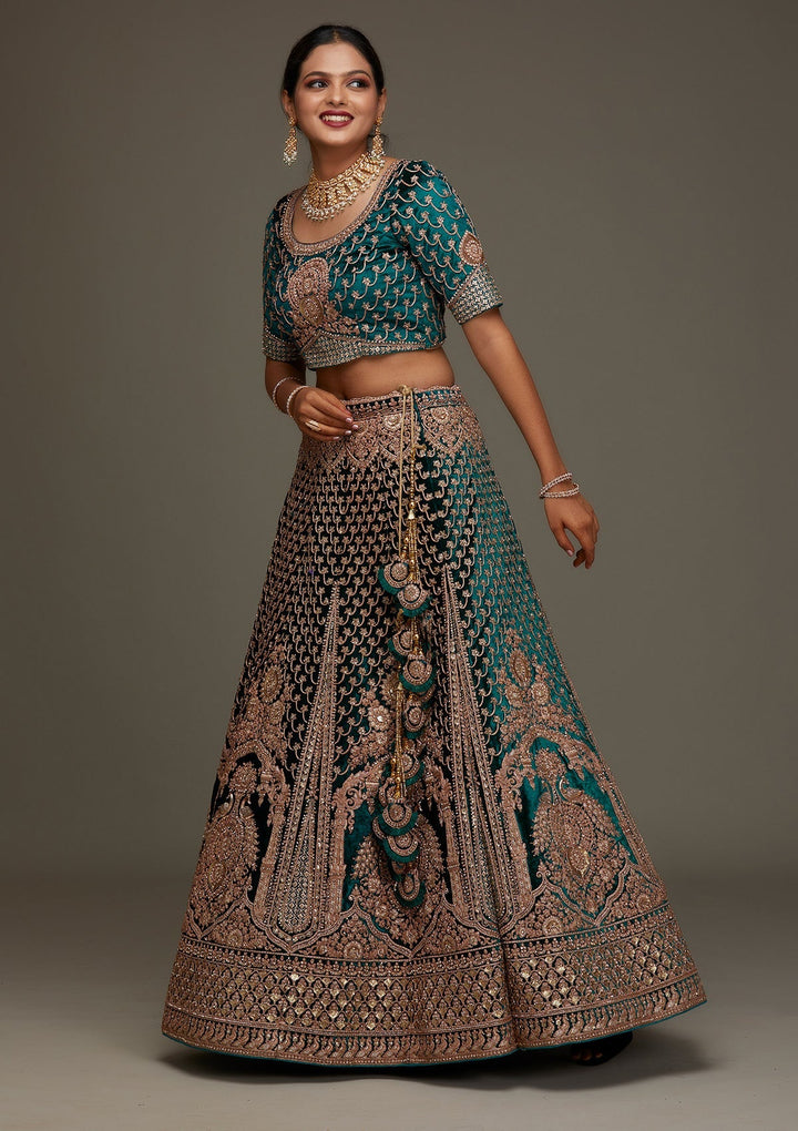 Rama Green Zariwork Velvet Designer Semi-Stitched Lehenga - Koskii